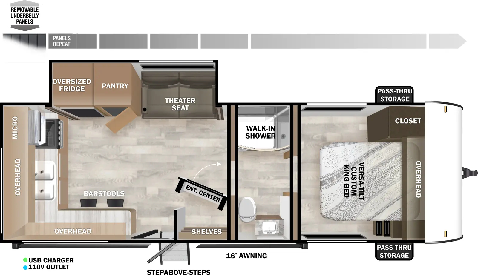 The Salem Southwest T22ERAS has one entry and one slide out. Exterior features include: metal or fiberglass exterior and 16' awning. Interiors features include: rear kitchen, front bedroom and pass through bathroom.